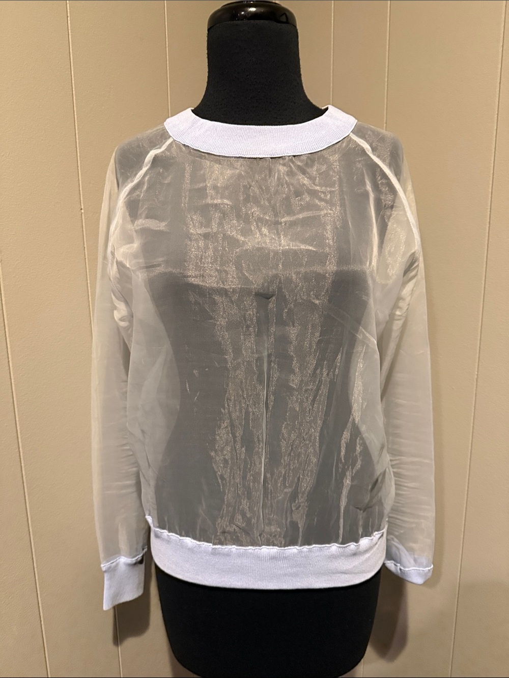 Topshop Women’s 2 Sheer White Crewneck Long-Sleeve Top